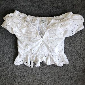 Express white lace off the shoulder crop top